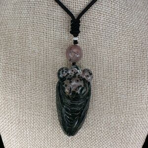 Ocean Jasper Cicada Pendant Necklace with Agate and Silver Accents on Rope